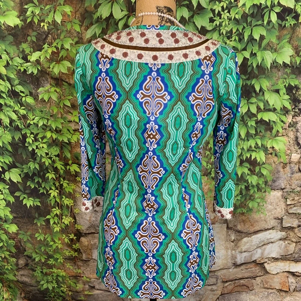 TORY BURCH Mosaic Multicolor Green Moroccan Resortwear Jeweled Tunic, 2
